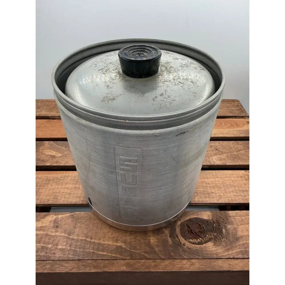 Vintage MCM Spun Aluminum Kitchen Canister Set-Sugar Coffee Tea-Black Lids 1950s